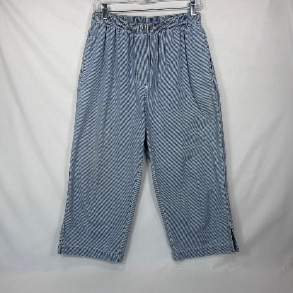 Vintage Classic Elements Striped Denim Capris – High Waist Elastic Pants (S)
